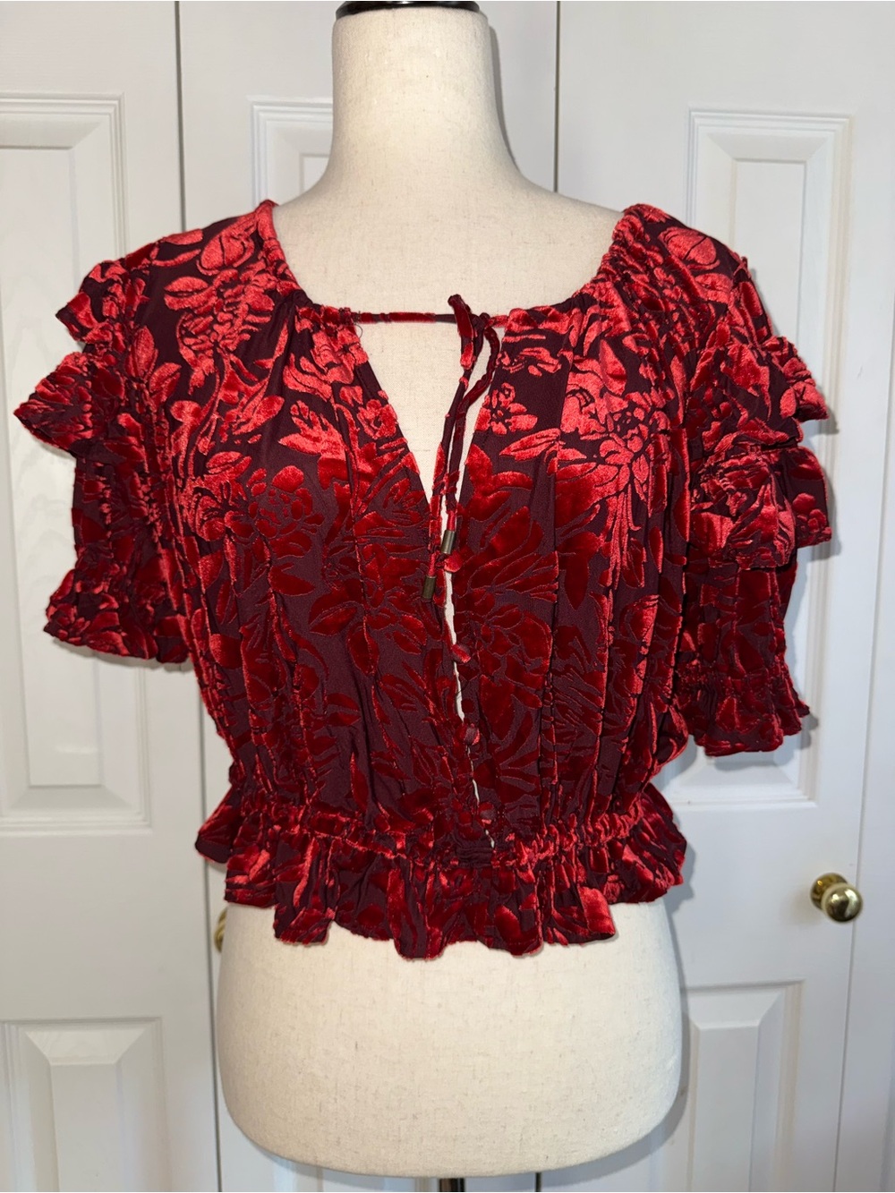 Free people red floral velveteen dreams blouse size S